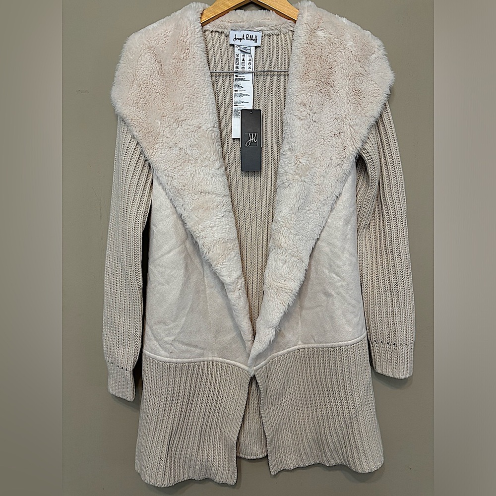 JOSEPH RIBKOFF NWT Open Knit Cardigan, Faux Fur Collar, Suede-Like